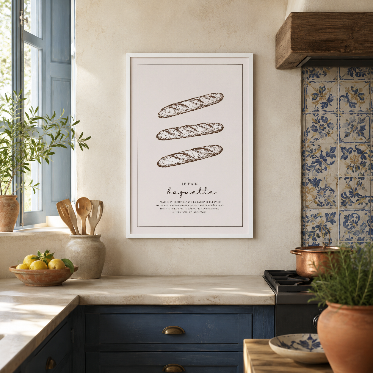 Beyaz çerçeveli baguette tablosu, klasik mutfak dekorasyonunda zarif çizim stilinde.