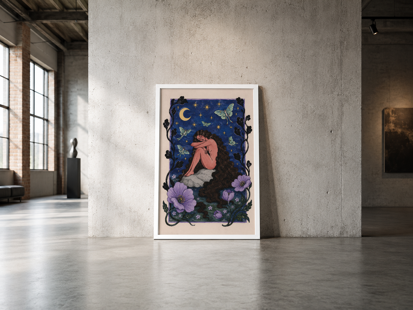 Koyu mavi gökyüzünde kayan kızıl saçlı figür, ay, yıldızlar ve mor çiçeklerle dekore edilmiş poster.
