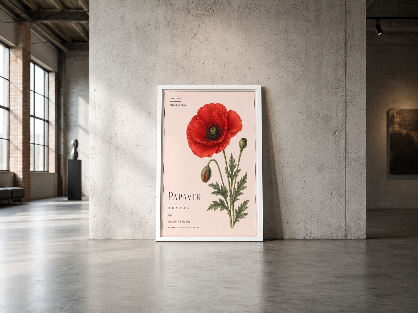 Krem fondlu haşhaş konulu minimalist duvar tablosu, beyaz çerçeveli modern tasarım.