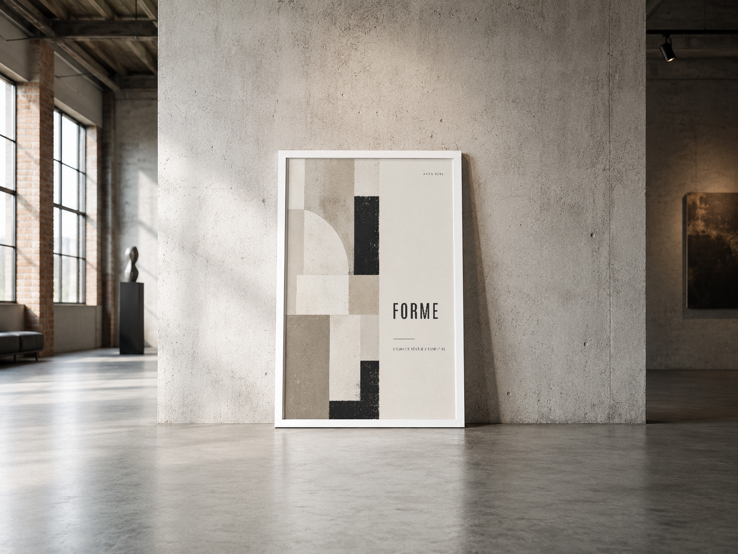 Minimalist Forme posteri, beyaz çerçeve içinde, endüstriyel loft mekanının betonda duvarında duruyor.