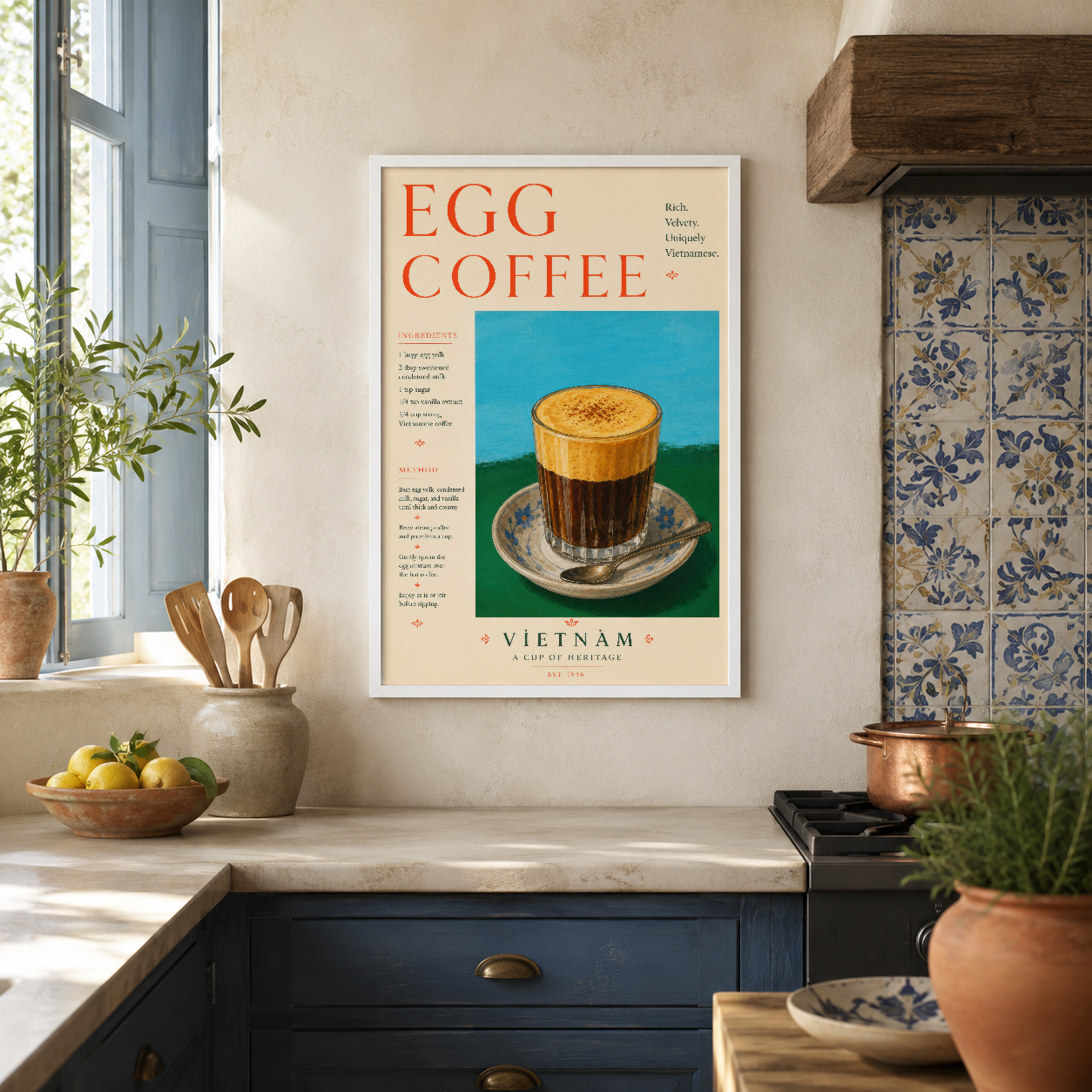 Egg Coffee sanat tablosu, Klasik poster stilinde Vietnamca tarif bilgileri ve sarı-mavi renk harmonyisinin mutfak