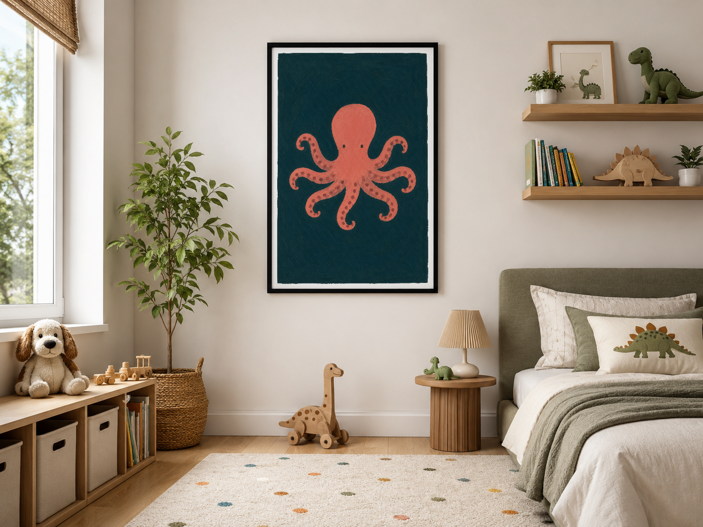 Siyah çerçeveli, mercan rengi ahtapot motifli deniz temalı duvar sanatı, minimalist çocuk odası dekorasyonu.