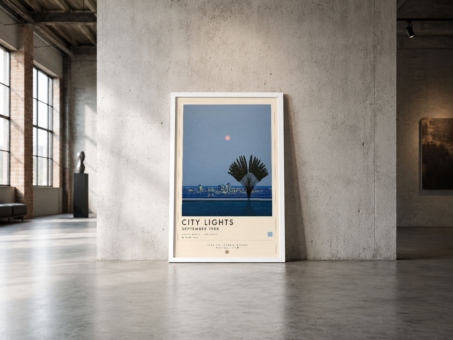 City Lights vintage poster, endüstriyel betonlu mekanda ahşap çerçevesiyle sergilenen minimalist sanat eseri.