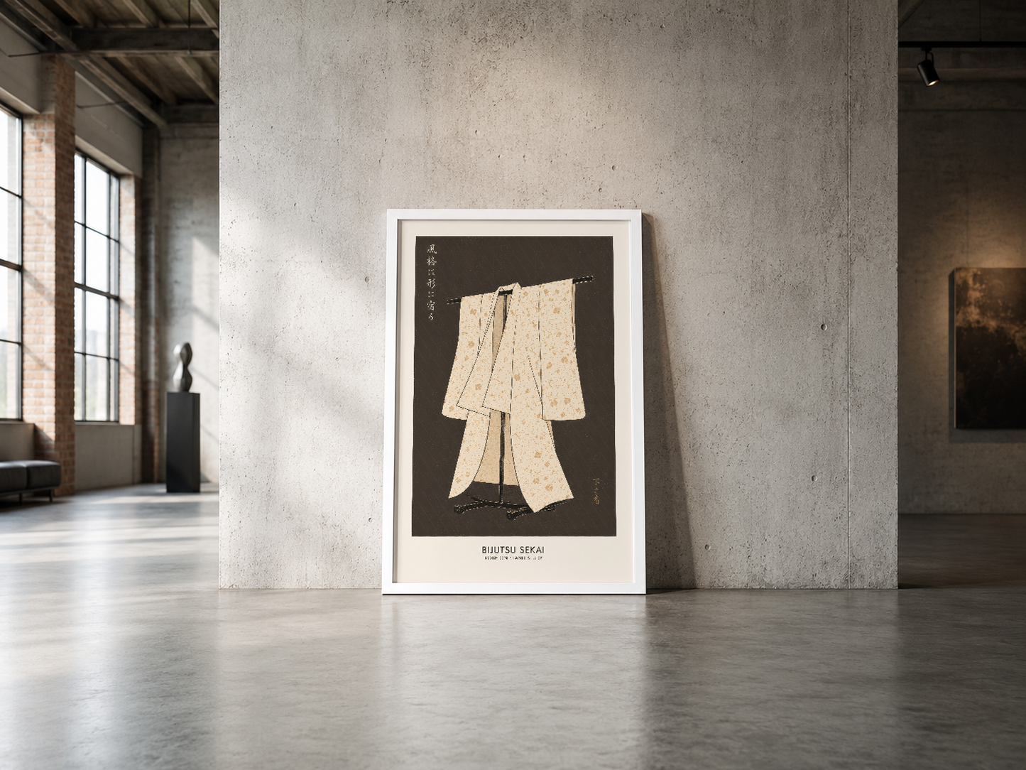 Siyah arka planında vintage kimono görseli, modern galeri estetikli çerçeveli poster.