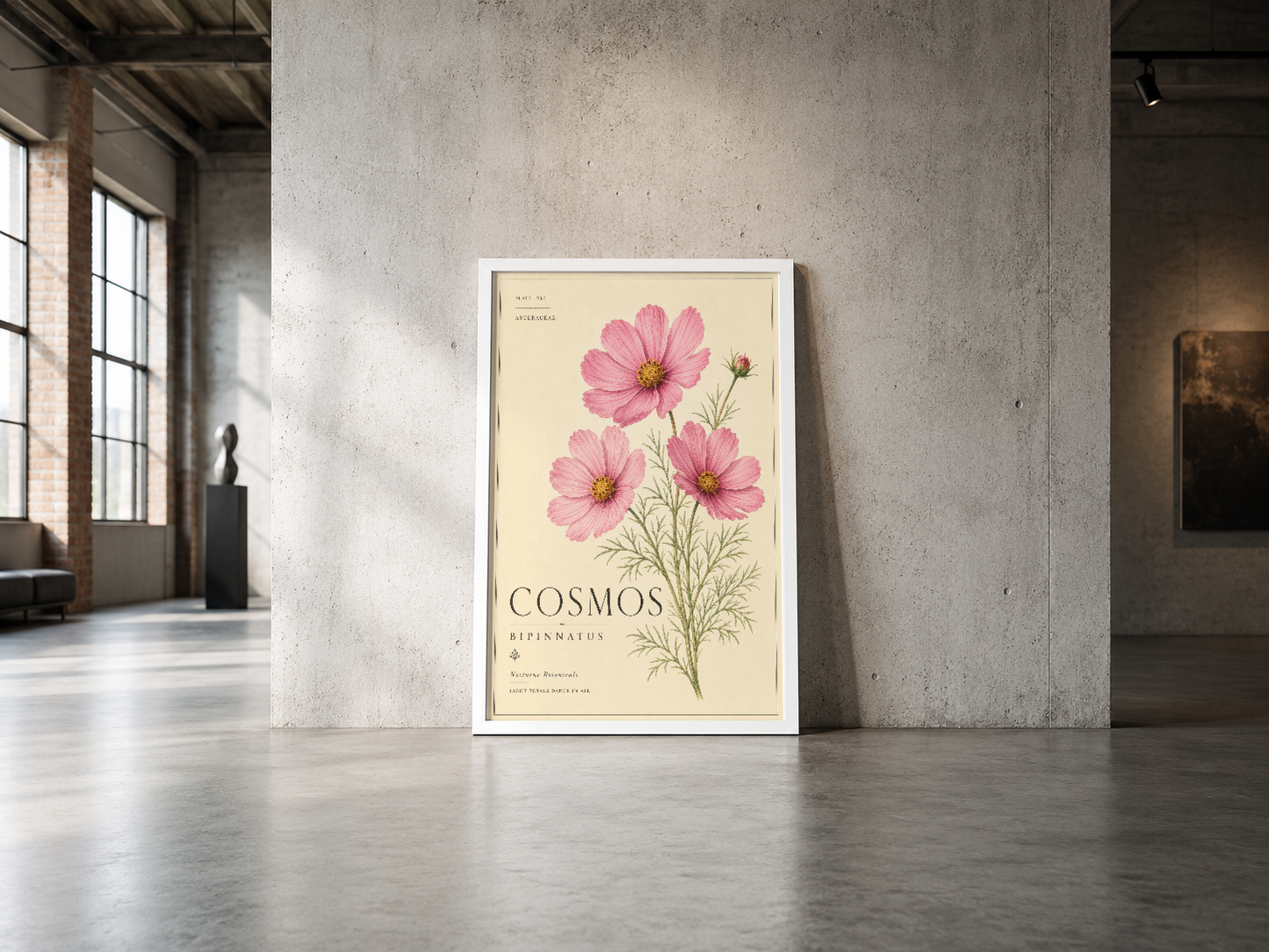 Vintage botanik illüstrasyonu cosmos çiçeği motifi, beyaz çerçeveli poster endüstriyel mekan dekorunda.