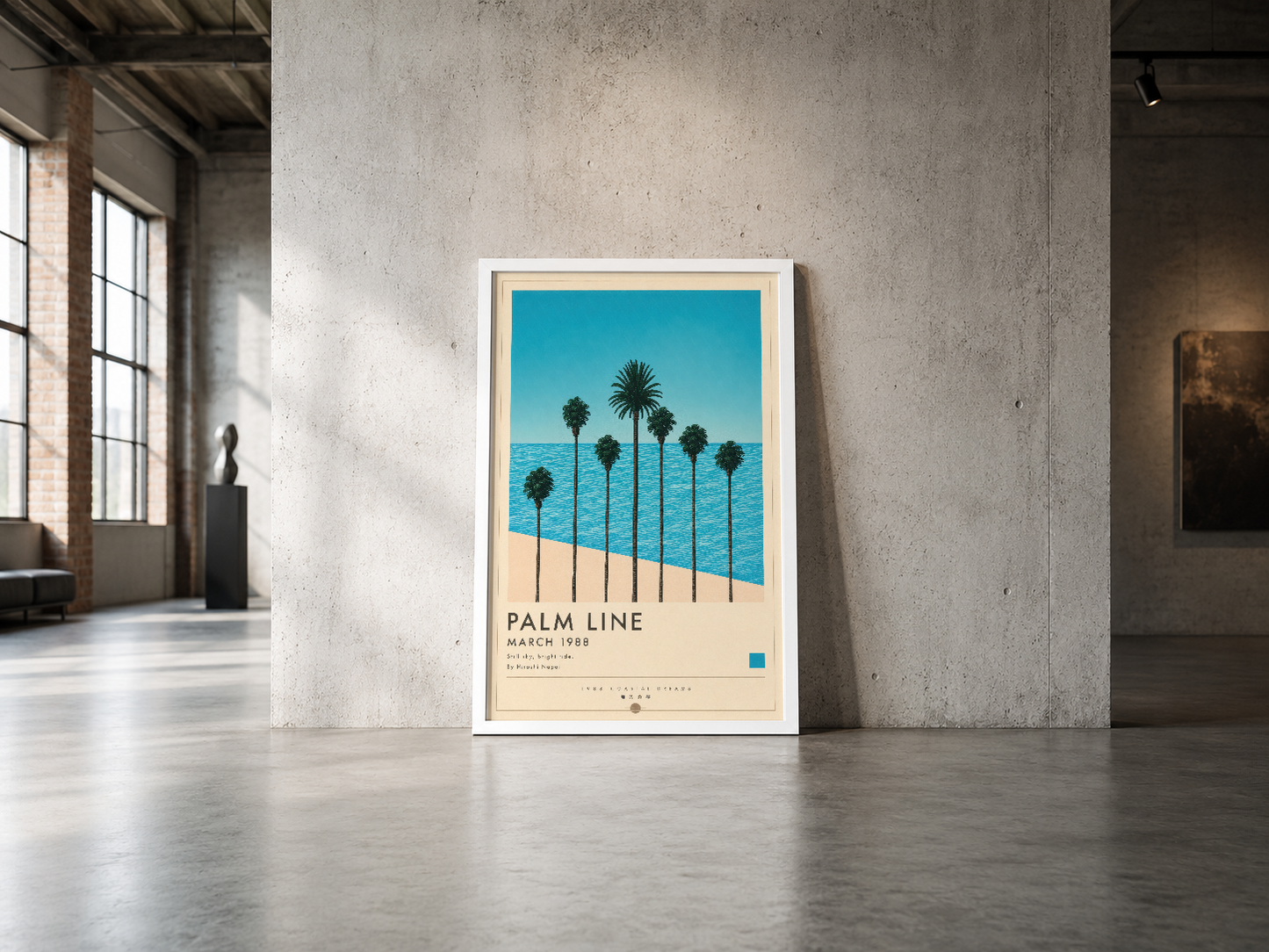 Minimal tasarımı ve canlı renkleriyle Palm Line posteri, endüstriyel alanda çerçevelenerek sergileniyor.