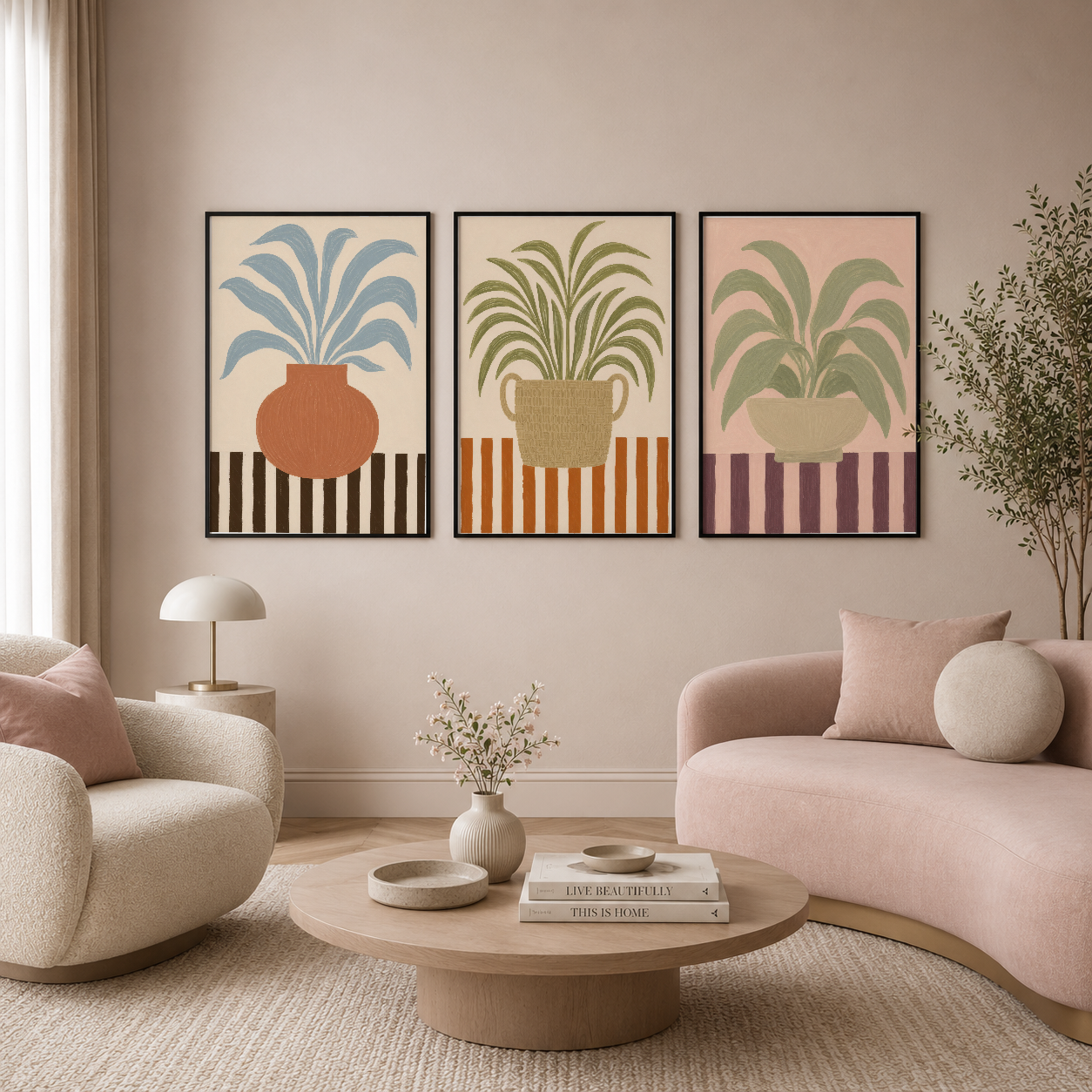 Sanat deco üç panel poster seti, pastel tonlardaki şeritli çiçekli bitkileri göstererek zarif oturma odasına sakin bir