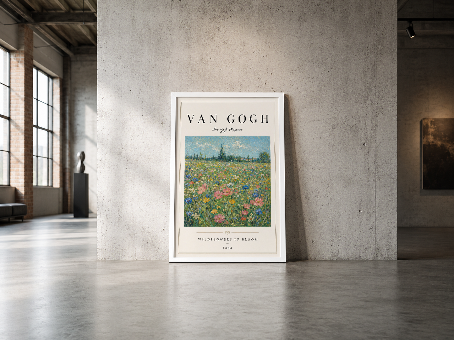 Wildflowers in Bloom posteri, endüstriyel betonlu alanda minimalist çerçevesiyle sanatsal bir etki yaratıyor.