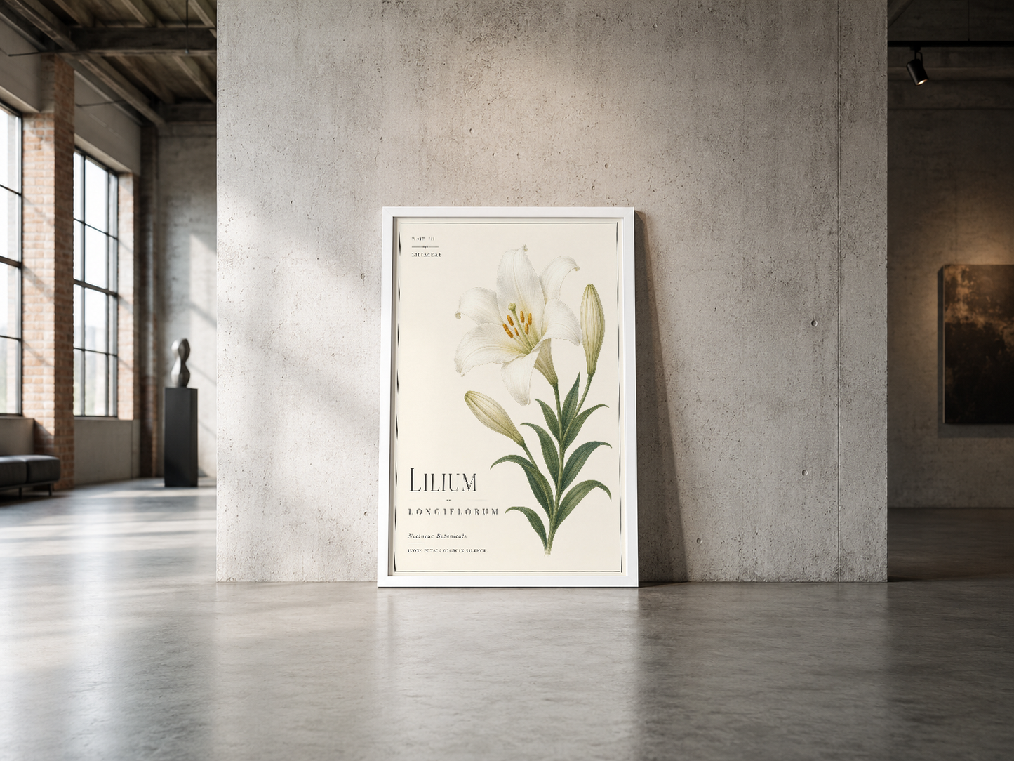 Beyaz çerçeveli lilium longiflorum poster, endüstriyel mekanda minimalist dokunuş sağlıyor.
