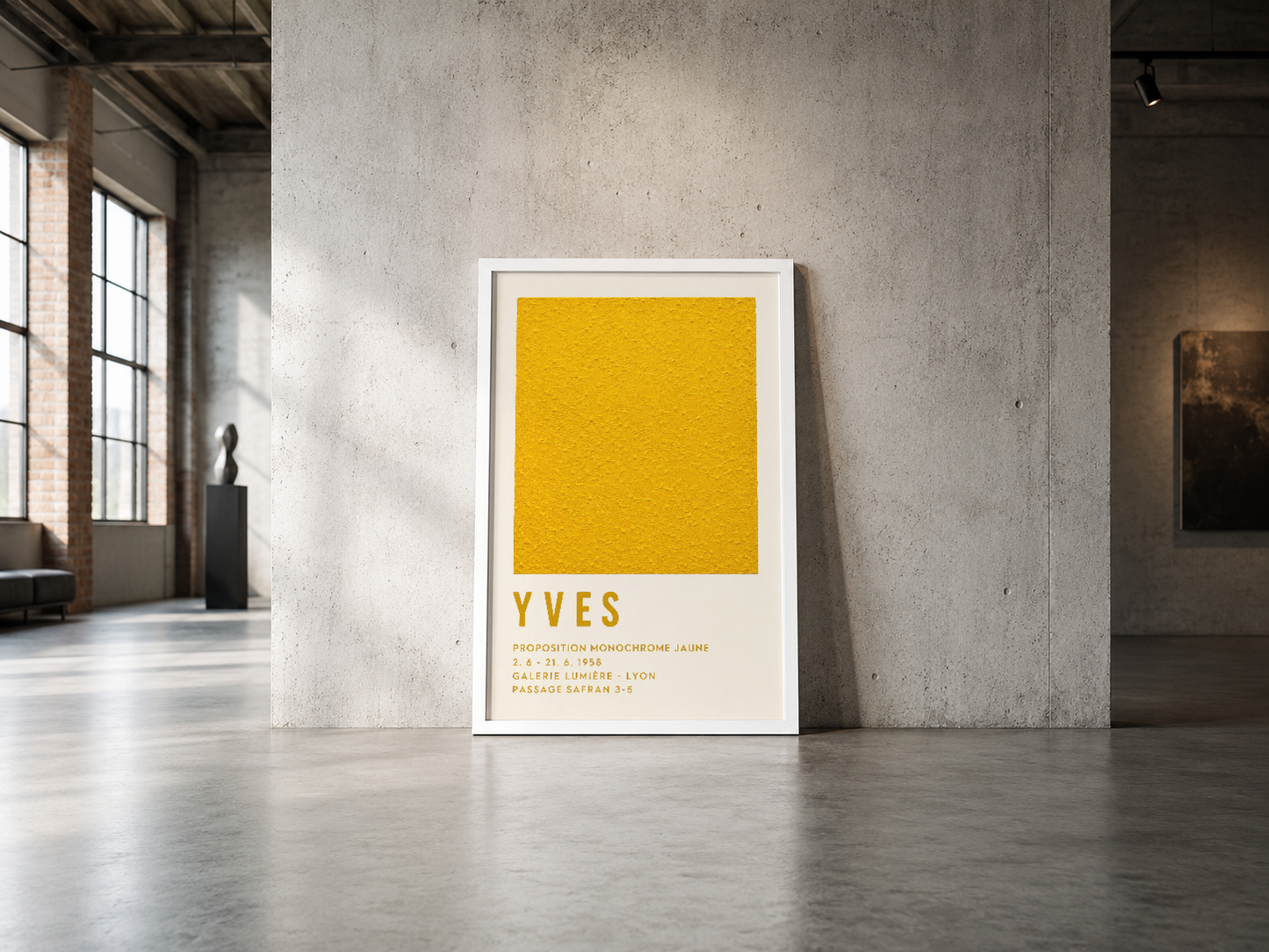 Sanat galerisi estetikli sarı poster, beyaz çerçevede endüstriyel mekanda sergileniyor.