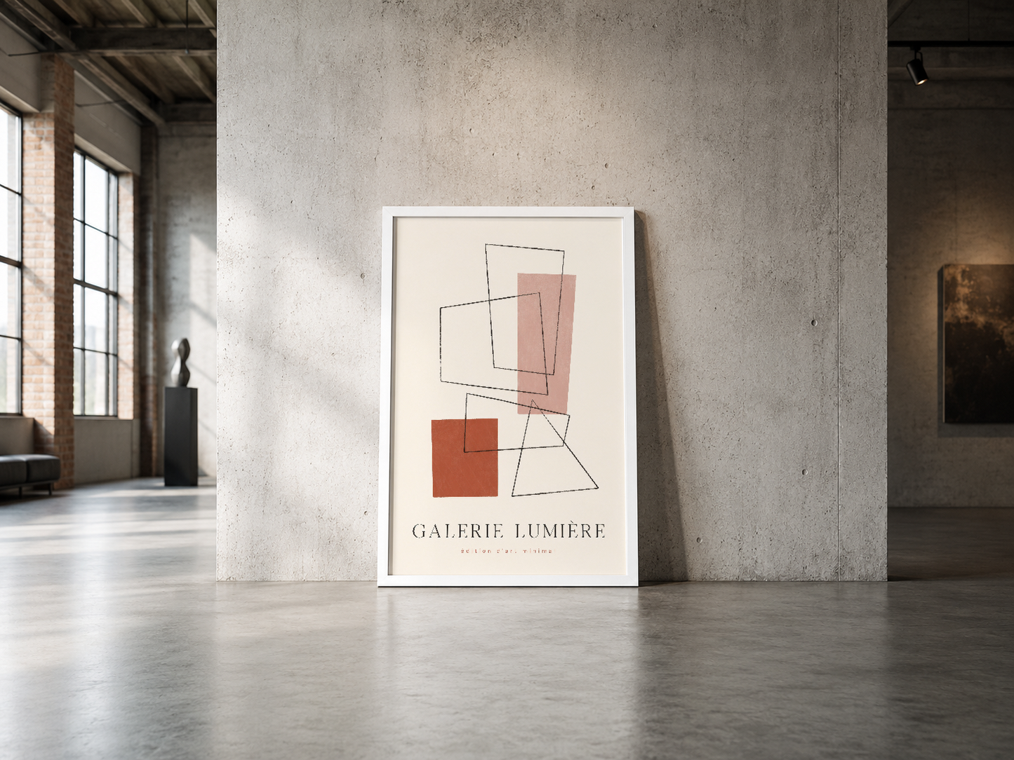 Minimalist çizgiler ve terrakotta renkli detaylarla oluşturulmuş çağdaş sanat posteri.