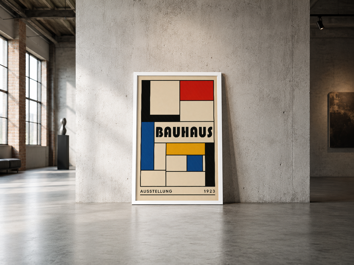 Bauhaus Ausstellung 1923 posterinin endüstriyel mekanda çerçevelenmiş tasarımı, renkli geometrik komposizyonu.
