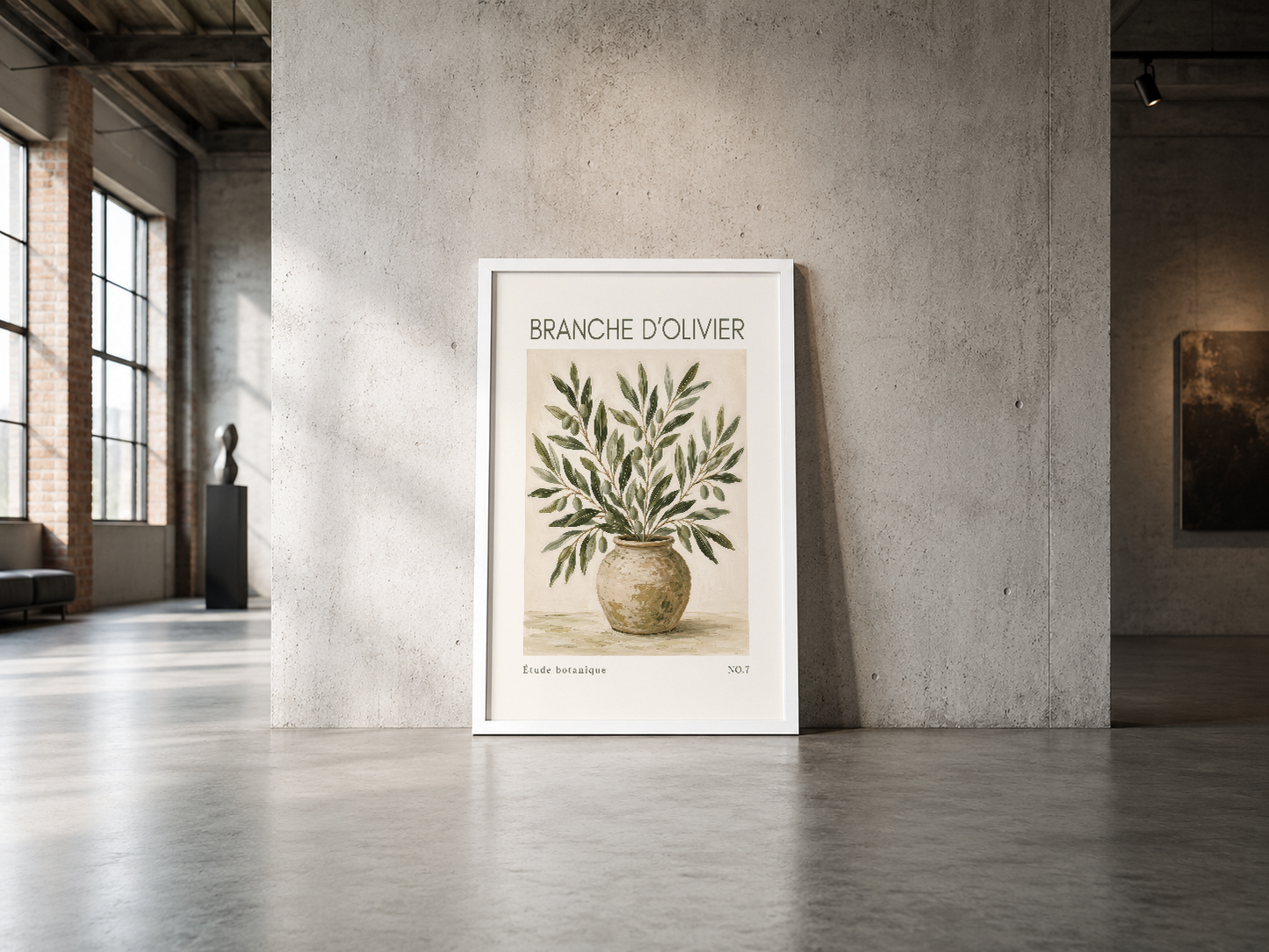 Branche d'Olivier klasik botanik poster, beyaz çerçeve içinde, endüstriyel mekanda minimalist duvar sanatı.