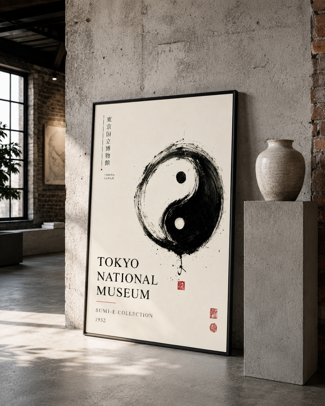 Siyah çerçeveli Tokyo Müzesi posteri, çarpıcı yin-yang motifi, loft stilinde sergilenen çağdaş duvar dekorasyonu.