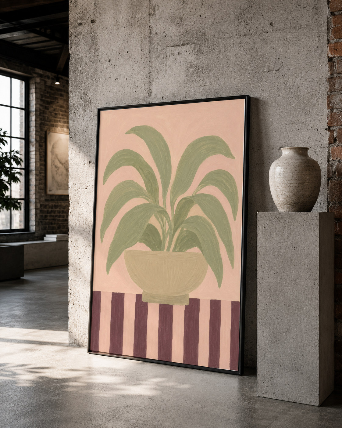 Minimalist iç mekanlara uygun, yapraklı bitki ve çizgi detaylı vintage tarzı duvar tablosu.