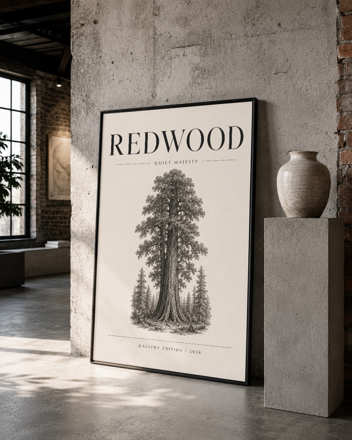 Siyah çerçeveli Redwood poster, galeri tadında beton duvarında minimalist dekoratif unsur.