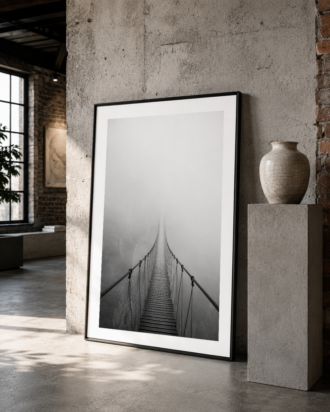 Uzanan köprü görüntüsü, siyah çerçeveli duvar tablosu, minimalist sanat eseri, loft dekorasyonu.