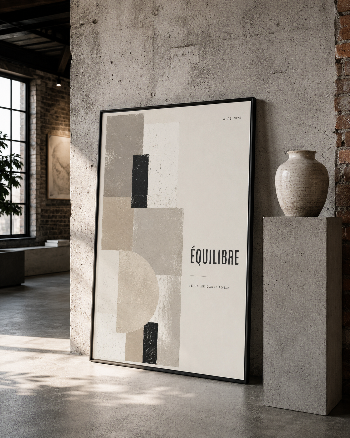 Equilibre tablosu siyah çerçevesiyle, krem ve antrasit renkli şekillerin dengesini gösteren modern sanat eseri.