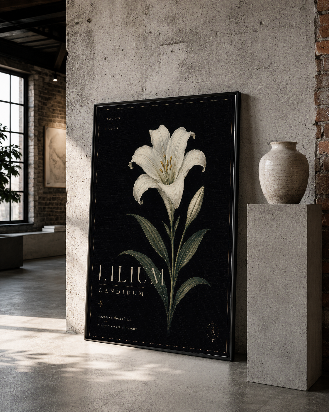 Siyah çerçeveli lilyum tablosu, endüstriyel dekorasyon tarzında seramik vazo yanında durarak sanat galerisi atmosferi