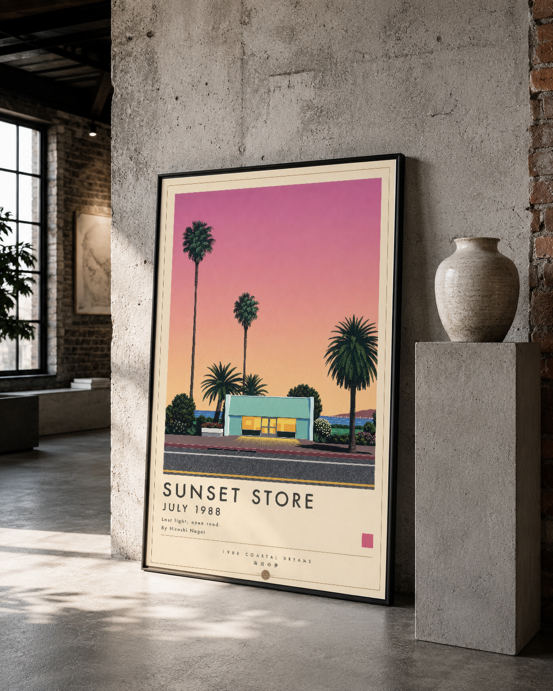 Siyah çerçeveli Sunset Store sanat baskısı, gün batımı renkleriyle dekore edilmiş somun duvara asılan şık tasarım.