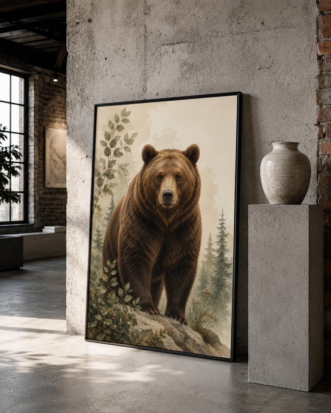 Siyah çerçeveli ayı portresi, betonlu endüstriyel galeri duvarında sergilenen sanat.