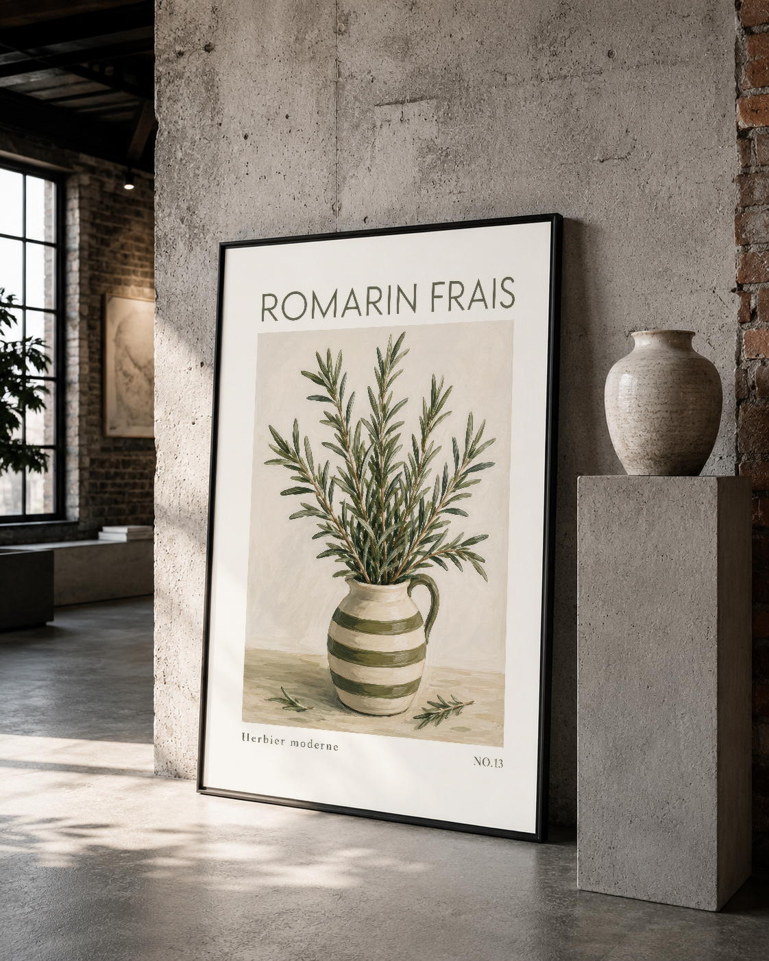 Romarin Frais botanik sanat tablosu, siyah çerçeveli modern odyofonik mekanda, endüstriyel betonun karşısında.