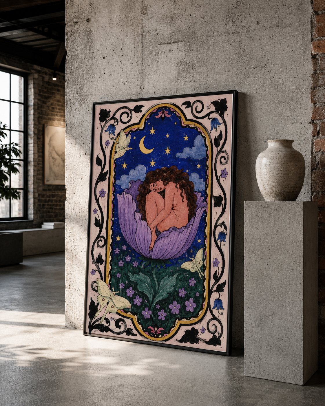 Dekoratif bordürü olan, ay ışığında dinlenişi anlatan, görkemli sanat tablosu endüstriyal mekanda.