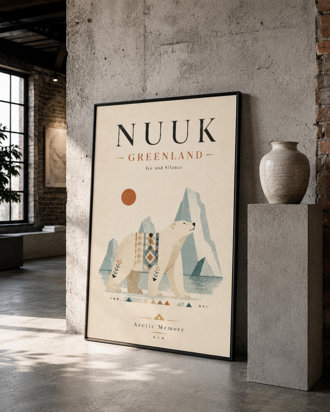 Siyah çerçeveli Nuuk tasarım posteri, grunge beton duvarında kutup manzara ve geometrik Grönland ikonografisi.