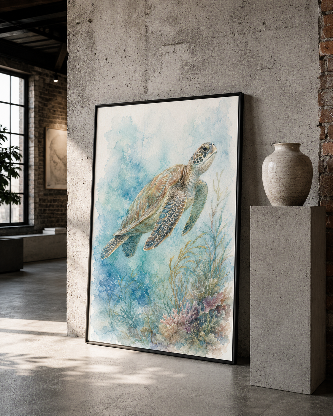 Açık mavi gökyüzü ve mercan detaylarıyla suların derinliğini anlatan deniz kaplumbağası sanat eseri, modern galeri stilinde
