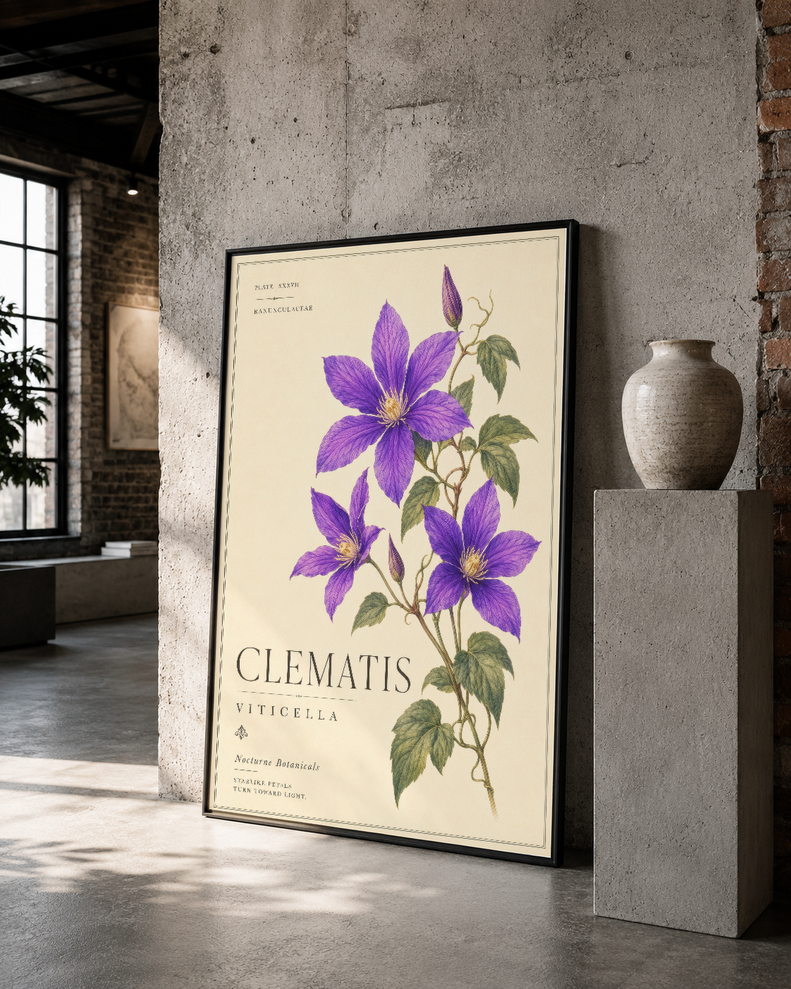 Mor clematis çiçek sanat eseri, siyah çerçeveli, beton duvarda minimalist dekorasyon.