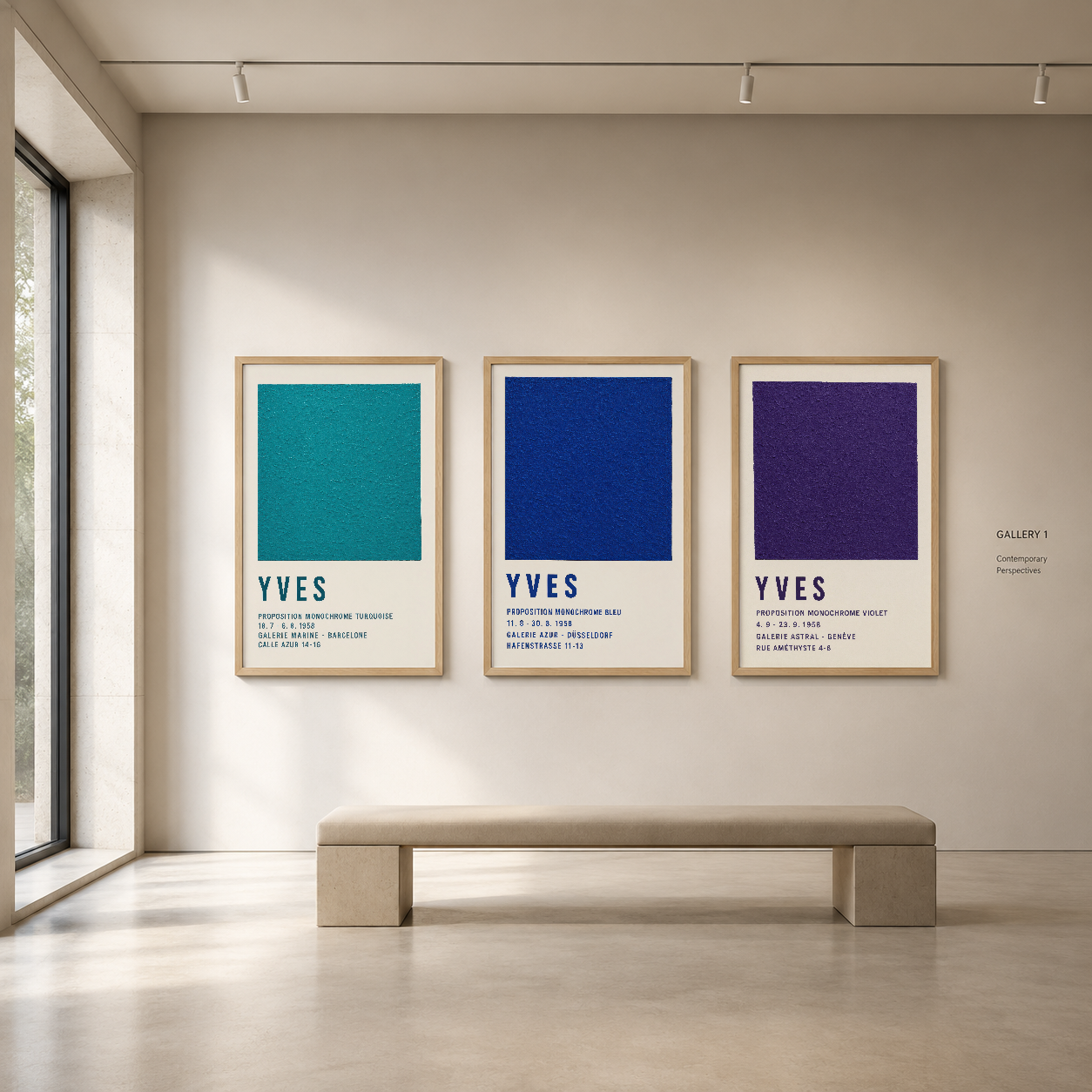 Doğal çerçevelerdeki YVES renk serisine ait posterler, çağdaş galeri ortamında sanat koleksiyonu oluşturuyor.