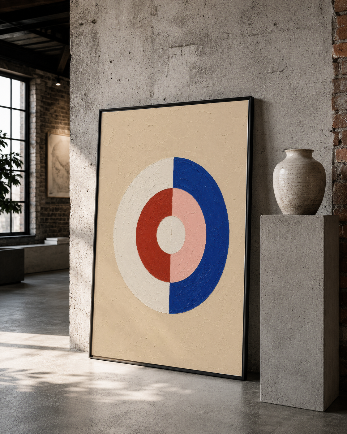 Minimalist geometrik tablo siyah çerçevede, endüstriyel dekorasyonda sergileniyor.