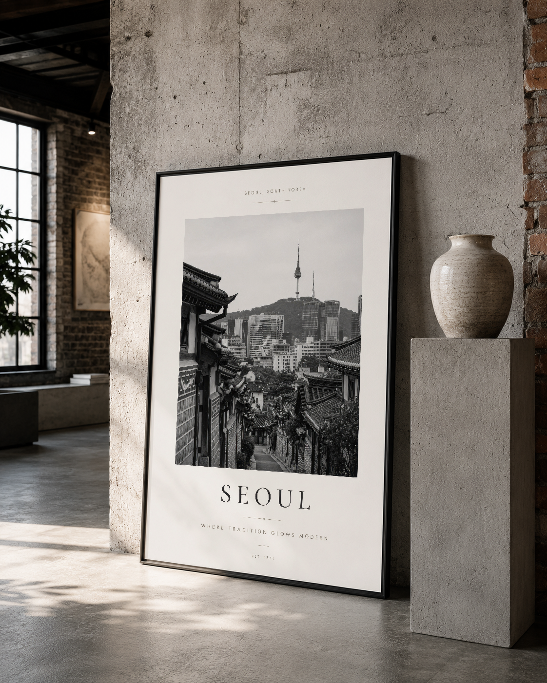 Seoul şehrinin siyah beyaz posterli tablo, siyah çerçeveli, endüstriyel mekanda loft tasarımıyla uyumlu.