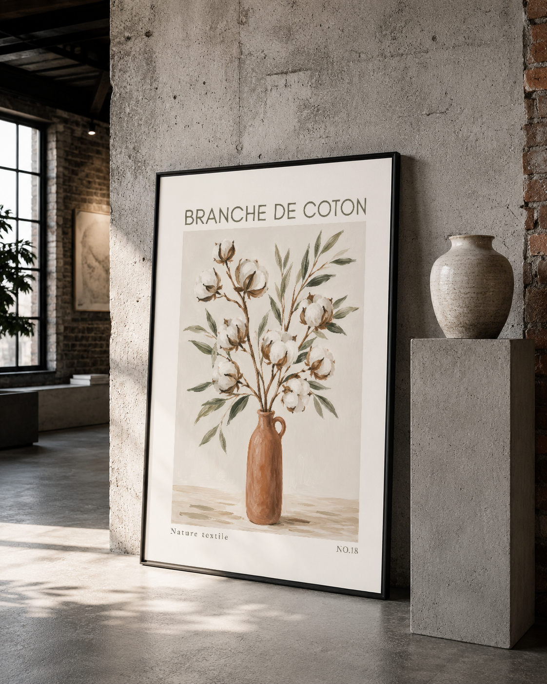 Siyah çerçeveli, doğal pamuk çiçeği temalı tablo, loft stilindeki alanın sanat parçası.