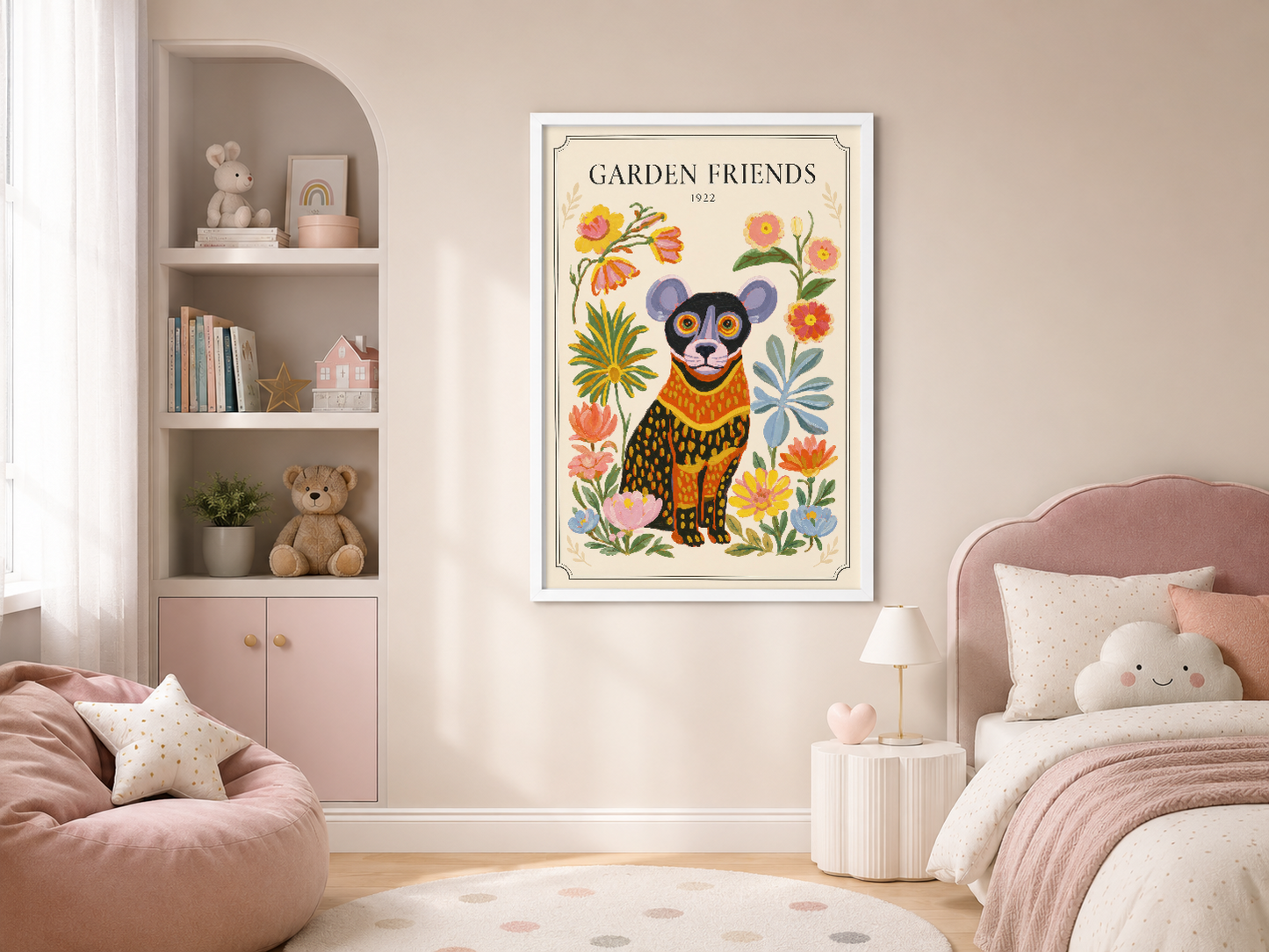 Beyaz çerçeveli Garden Friends tablosu, pembe tonlu kız çocuk odasının üzerinde şirin çiçek desenli duvar süslemesi.