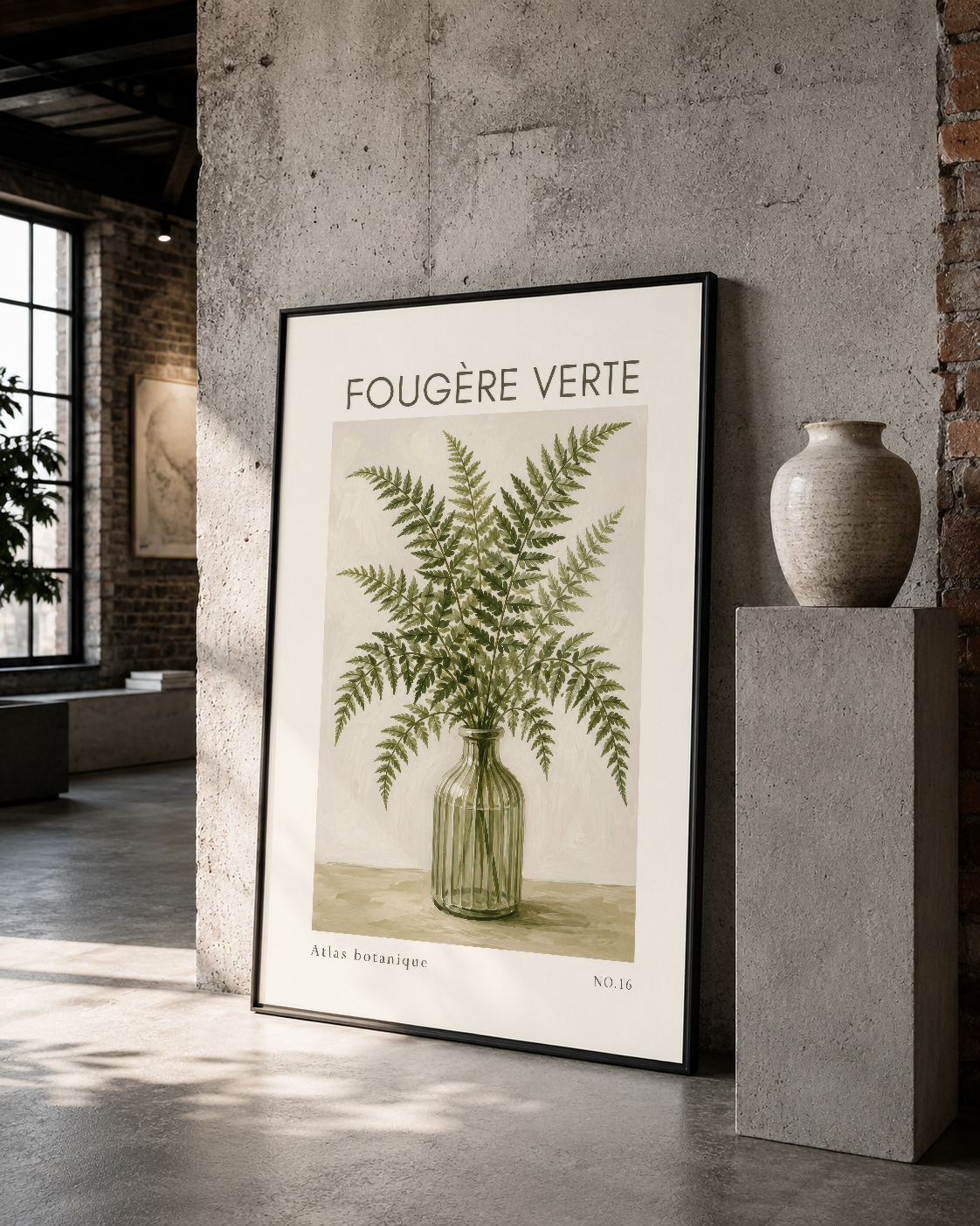 Siyah çerçeveli Fougère Verte tablosu, modern loft alanında duvar sanatı olarak konumlandırılmış.
