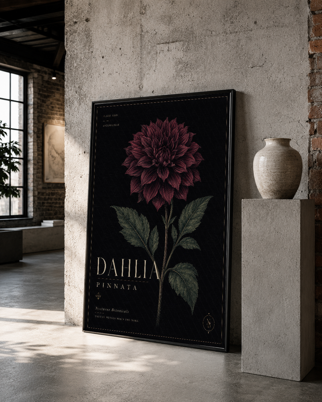 Siyah çerçeveli, ince detaylı dahlia çiçeği baskılı duvar sanatı, loft stilinde sergilenen poster.