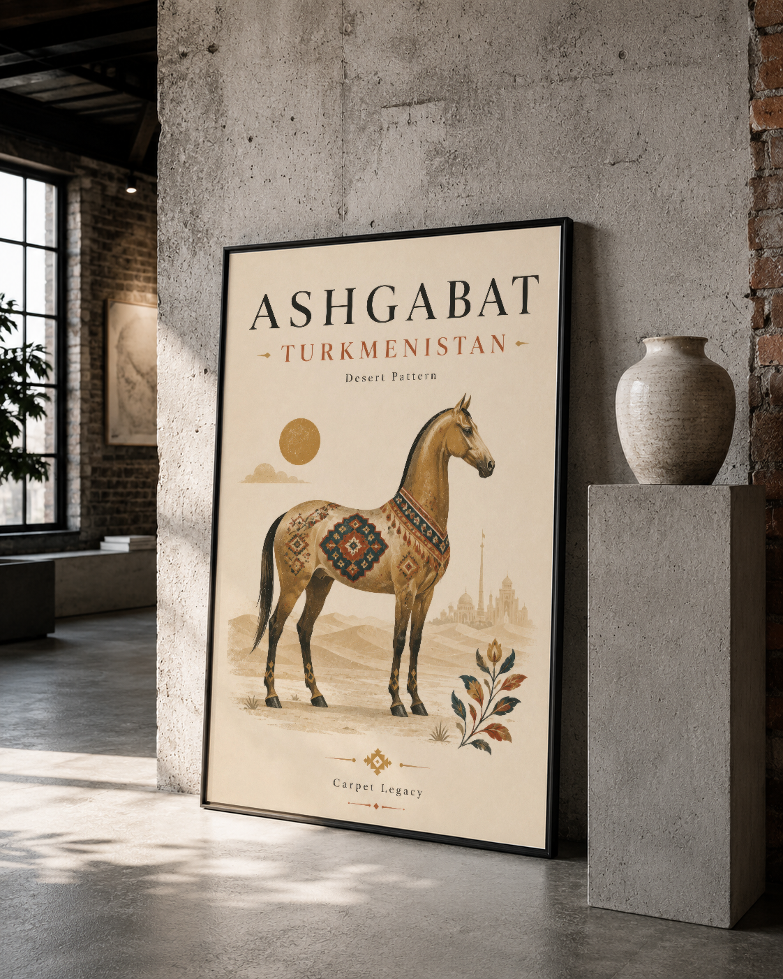 Siyah çerçeveli Ashgabat Türkmenistan tablosu, dekoratif at portresi ve Doğu motifli çağdaş iç mekanda.