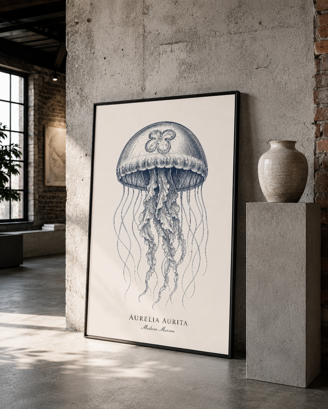 Siyah çerçeveli denizanası posteri, çevresi beton duvarlar ve minimal dekorasyonla çağdaş bir galeriye uyum sağlıyor.