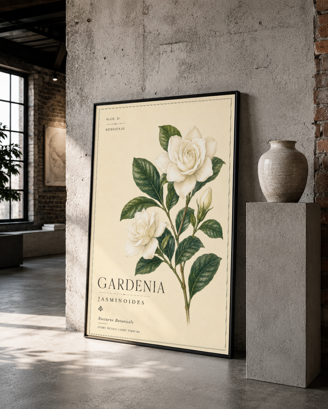 Gardenia jasminoides tablosu, siyah çerçevede, çatı katı tarzı boş betonlu iç mekanda sergilenmiş.