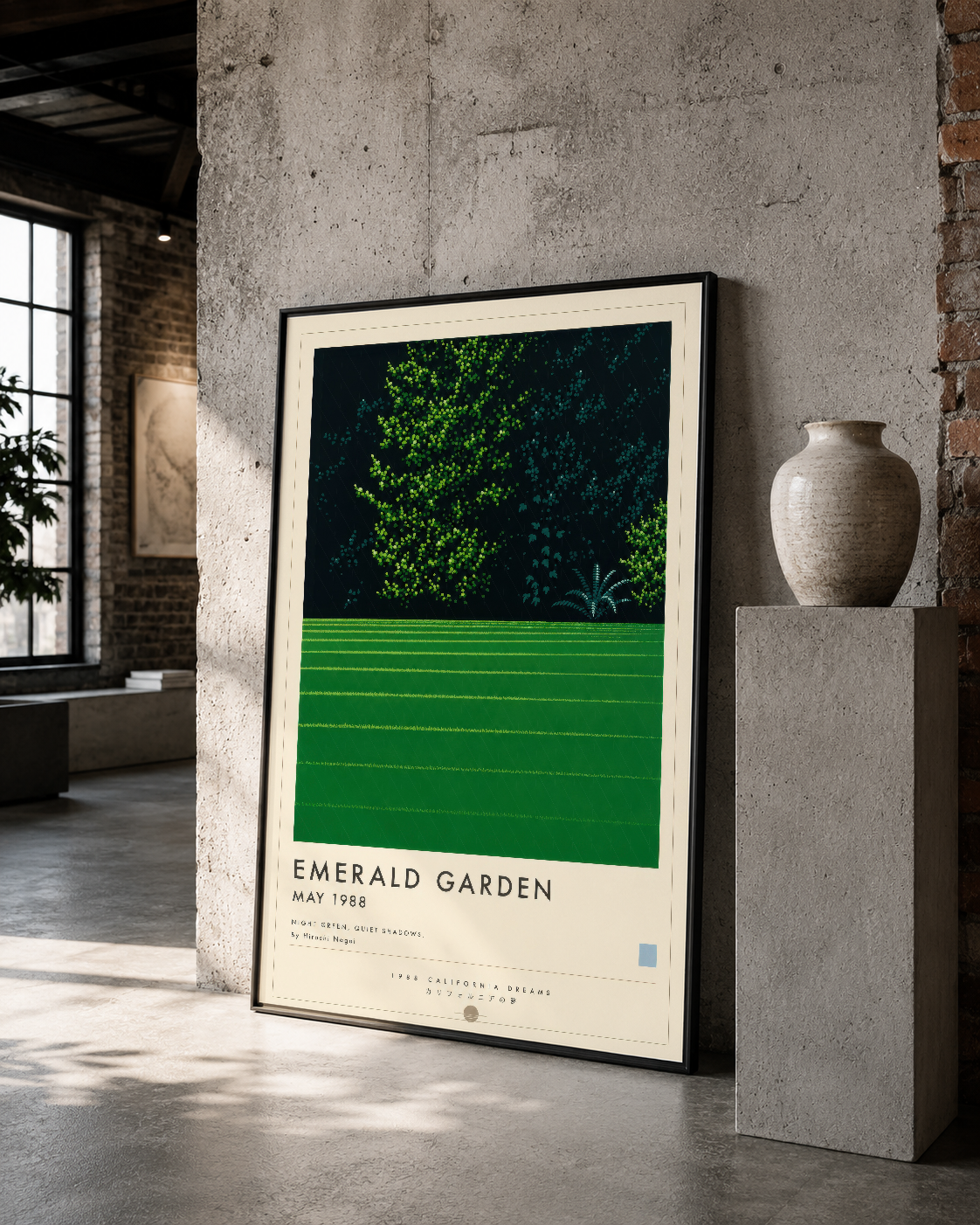 Emerald Garden vintage estetik duvar tablosu, indüstriyel çatı mekanlarda doğal ışıkla vurgulanan çerçeveli poster tasarımı.