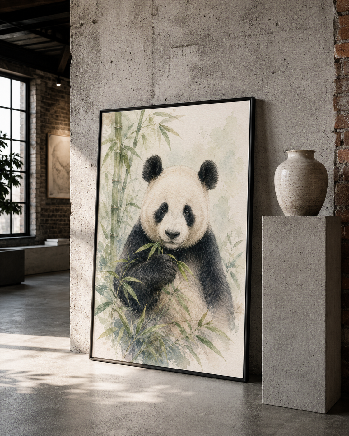 Detaylı panda illüstrasyonu siyah çerçeveyle, çağdaş iç mekanda minimalist ve etkileyici görsel odak noktası oluşturan