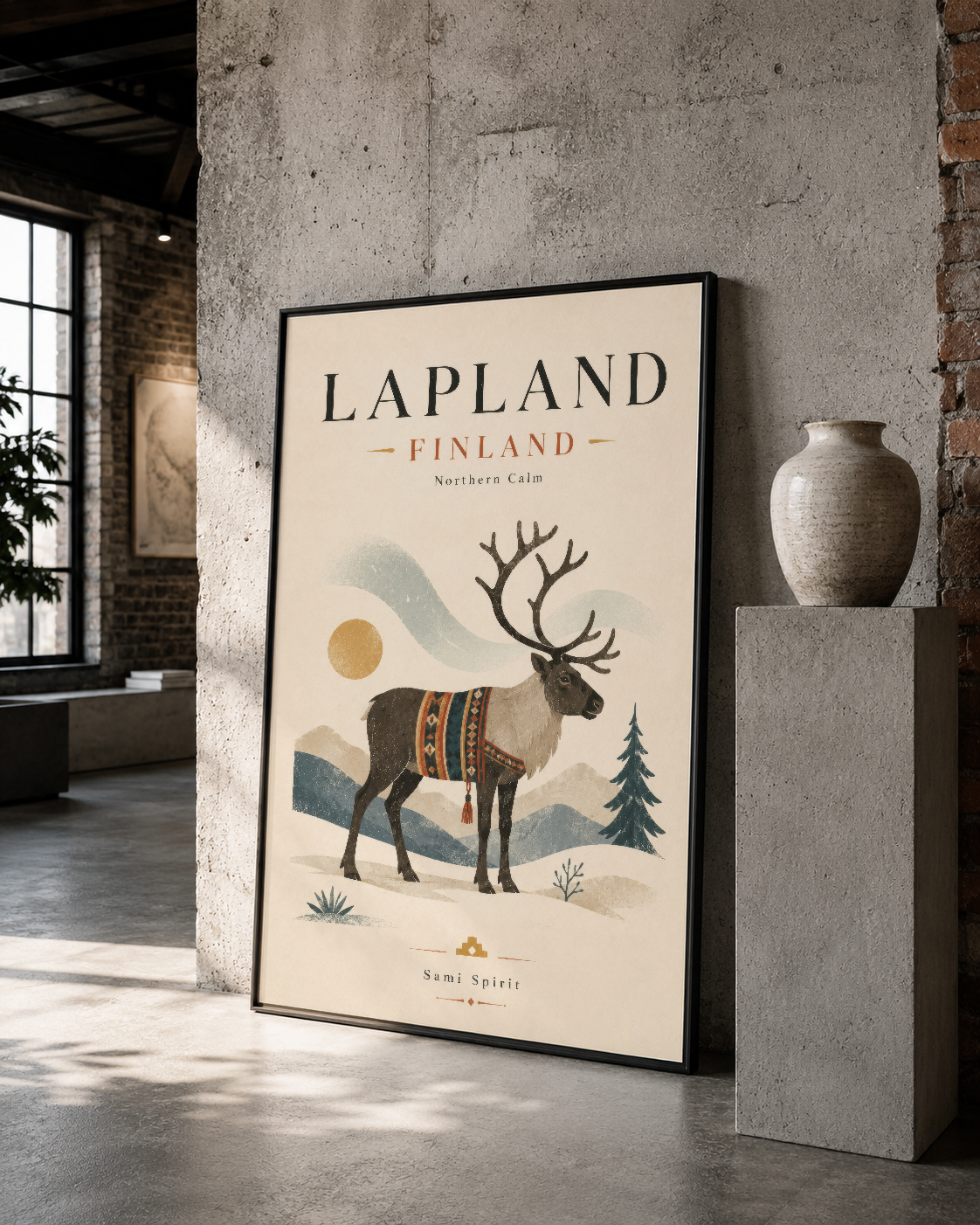 Lapland Finland posteri, siyah çerçeveli, kuzey tema geyik illüstrasyonu ile endüstriyel loft stiline uygun.