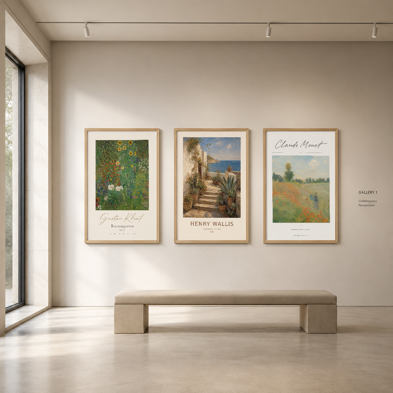 Çerçeveli üç panel tablo, minimalist galeri alanında duvarın merkezinde sergilenen sanat koleksiyonu.