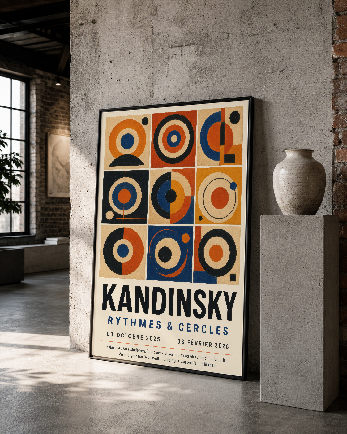 Kandinsky'nin kübist renkli çemberlerini gösteren duvar tablosu, siyah çerçeveli, loft stilinde sergilenen.