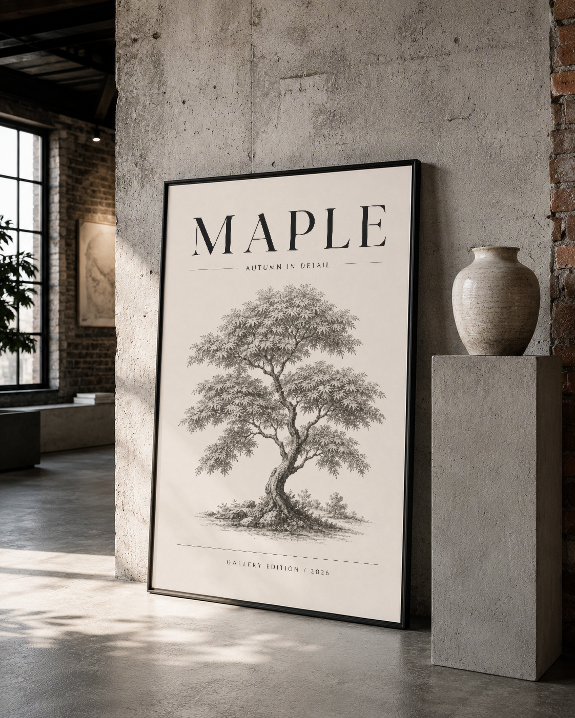 Siyah çerçeveli Maple sanat tablosu, botanik ağaç deseni, beton duvar üzerinde sergilenmiş galeri stil poster.