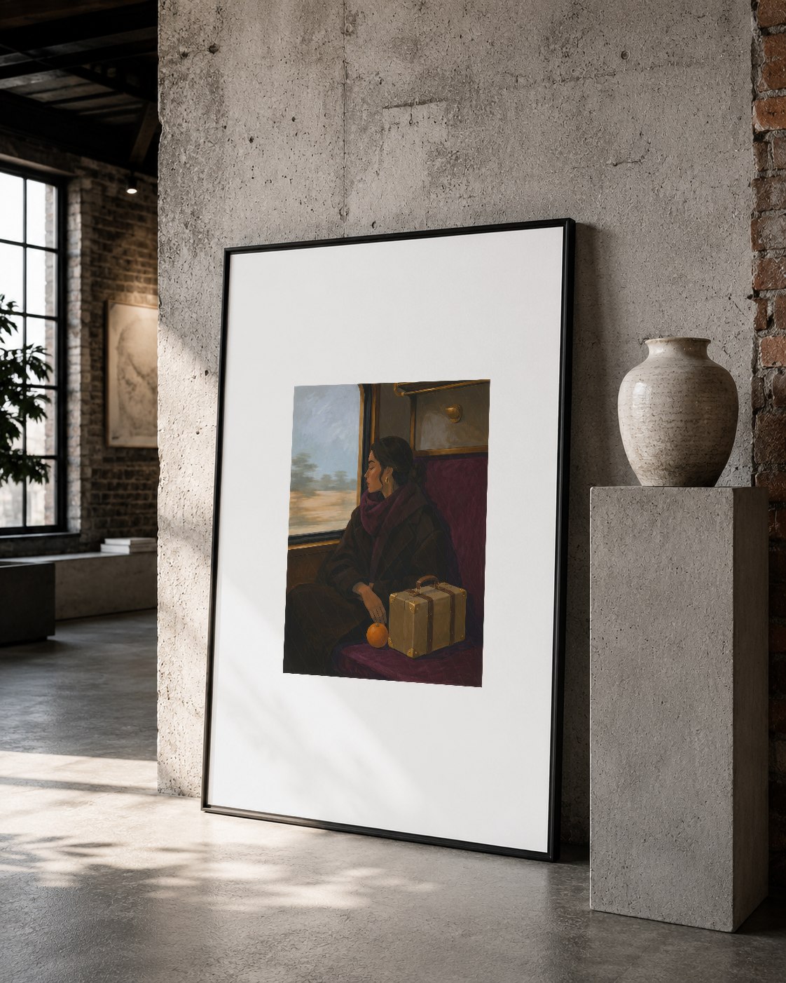 Siyah çerçeveli klasik portre tablosu, loft stilinde pencerenin yanında sanat sergisi gibi konumlandırılmış.