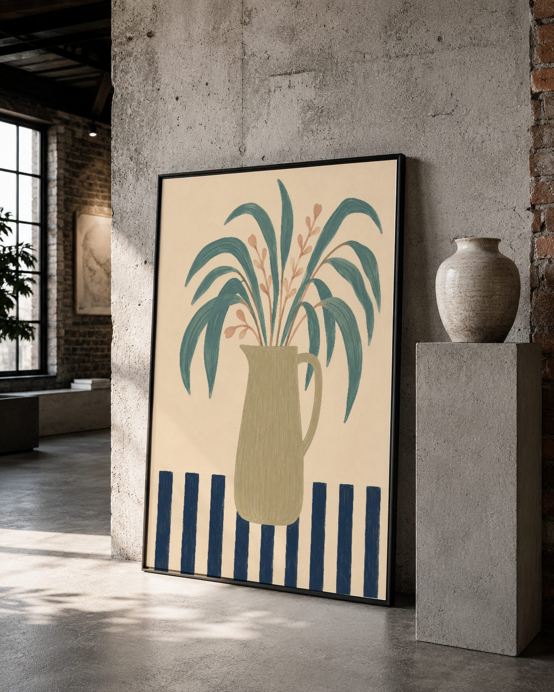 Art deco tarzı palmiye tasarım, siyah çerçeveli duvar tablosu endüstriyel mekanda asılı.