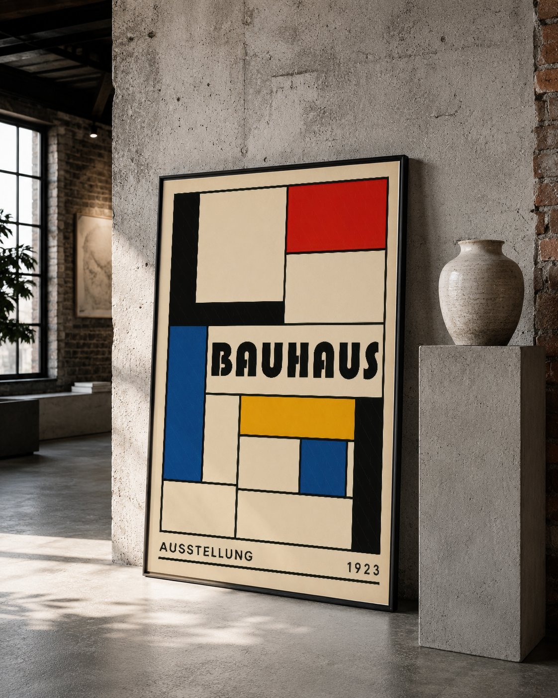 Bauhaus ikonik tablosu, siyah çerçevede tutulan renkli soyut deseni ile sanat duvarda.