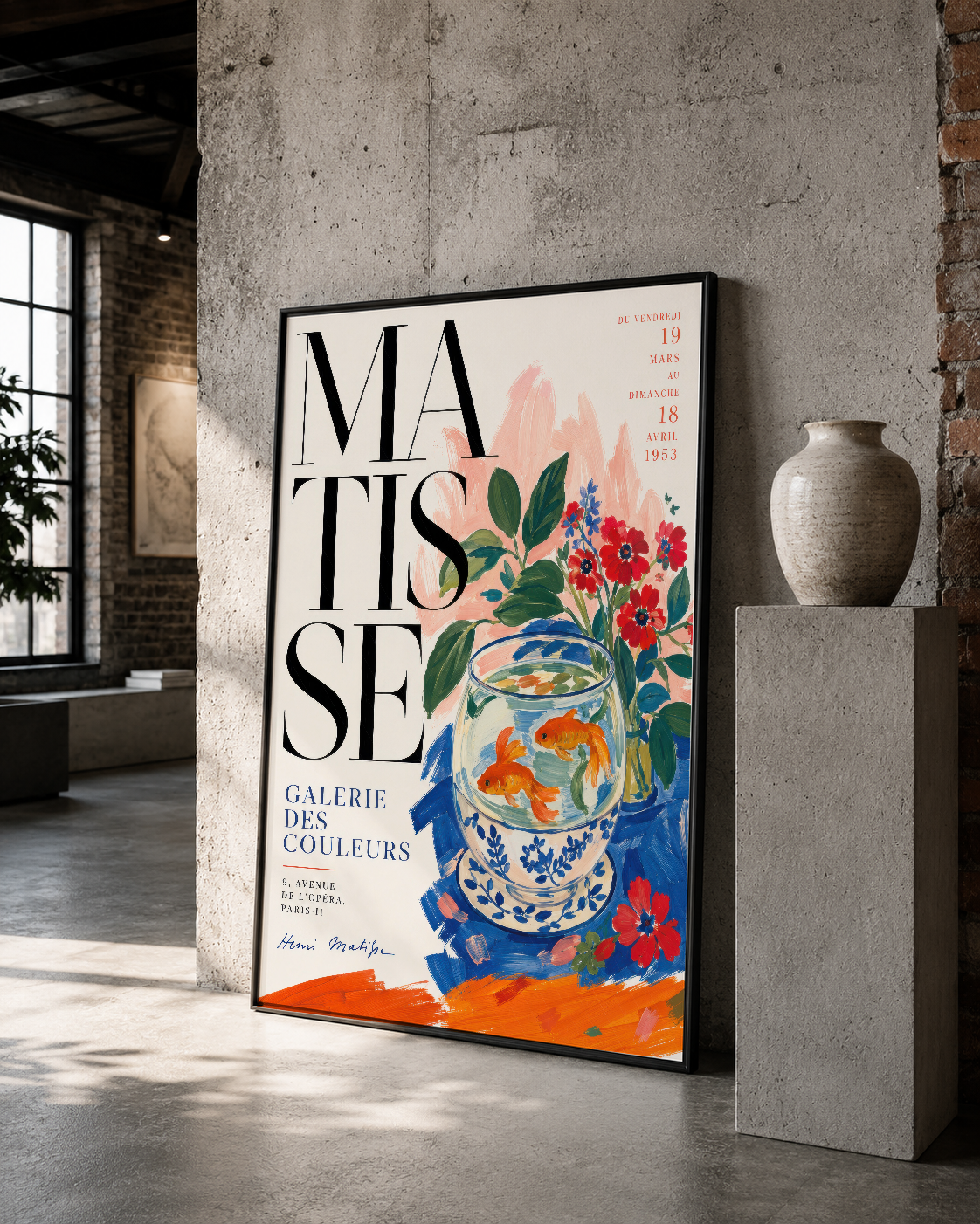 Canlı turuncu, mavi ve kırmızı tonlarında çiçek dekoru ile Matisse galerisi posteri, siyah çerçeveli.